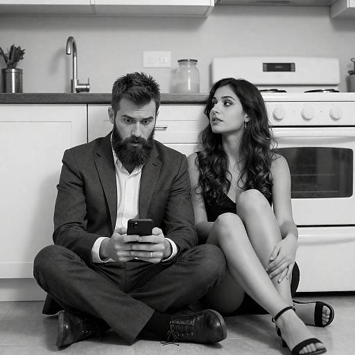 Surprised man and woman sitting on kitchen floor
