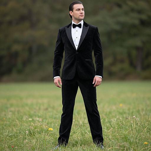 Photograph of a tall, fair-skinned man in a black tuxedo with a white shirt and black bow tie, standing confidently in a grass