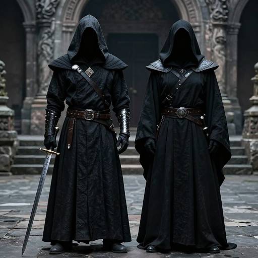 Mysterious Cloaked Guardians in Courtyard