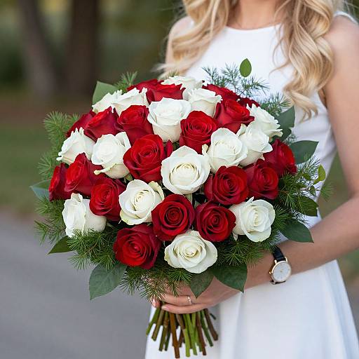 Photograph of a blonde woman in a white dress holding a vibrant bouquet of red and white roses with green foliage.