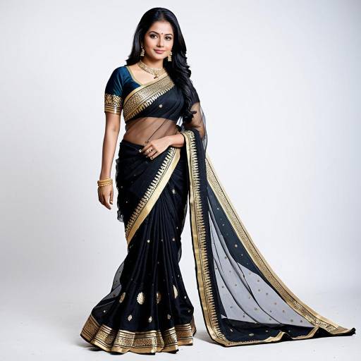 Woman in Traditional Black Saree with Gold Details