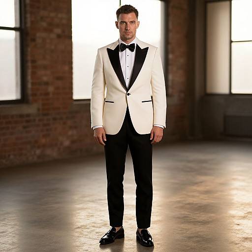 Photograph of a handsome man in a white tuxedo with black lapels, black bow tie, and black pants, standing in a sunlit