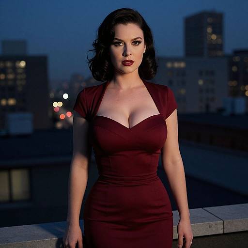 Photograph of a pale-skinned woman with black wavy hair, wearing a deep red, low-cut dress, standing on a rooftop at twilight,