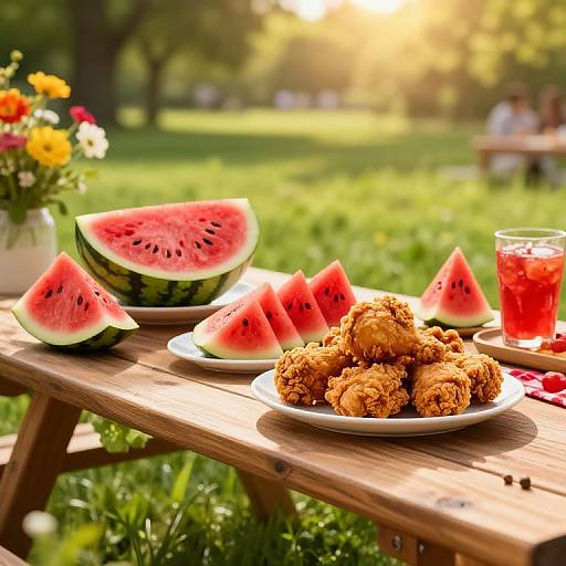 Photograph of a sunny park picnic table with watermelon slices, fried chicken, and red juice, set against a blurred green lawn.