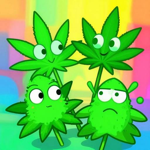 Digital cartoon of four green, leafy, marijuana plant characters with expressive eyes against a colorful rainbow gradient background. Each plant has different facial expressions.