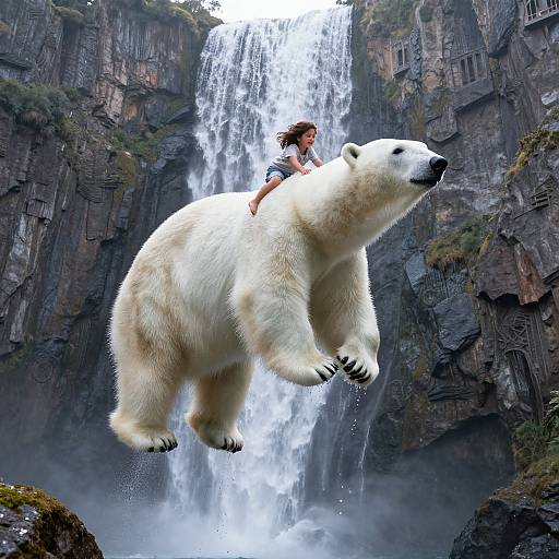 Photograph of a woman riding a white polar bear mid-air above a cascading waterfall, surrounded by rocky cliffs and mist.