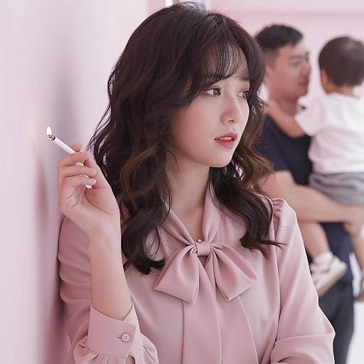 Woman Smoking with Family in Background