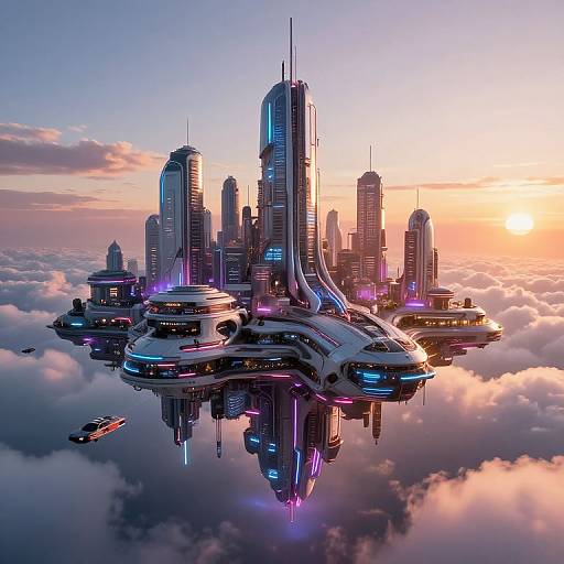 Photorealistic CGI of a futuristic, neon-lit cityscape floating among clouds at sunset, featuring sleek, towering skyscrapers with reflective surfaces and