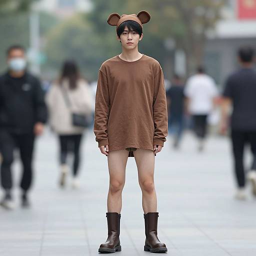 Photograph of an Asian man in a brown oversized sweater, mouse ears, black boots, and no pants, standing in a blurred urban street. Background