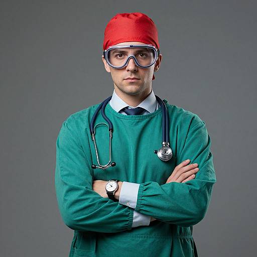 Photograph of a serious male surgeon with red cap, goggles, green scrubs, stethoscope, white shirt, blue tie, and crossed arms