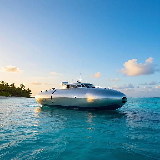 Photograph of a sleek, silver catamaran boat floating in clear, turquoise water at sunset, with a palm tree island in the background under a