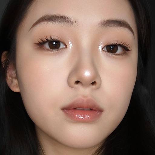 Close-up photograph of an Asian woman with fair skin, glossy lips, dark brown eyes, and long black hair, against a dark background.