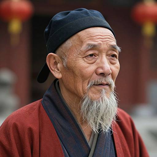 Photograph of an elderly Asian man with a long white beard, wearing a black cap and red robe, against a blurred red and brown background with hanging