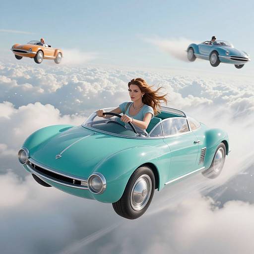 Photograph-style digital art: A smiling woman with long brown hair drives a turquoise classic convertible car through fluffy clouds, with two other vintage cars in the