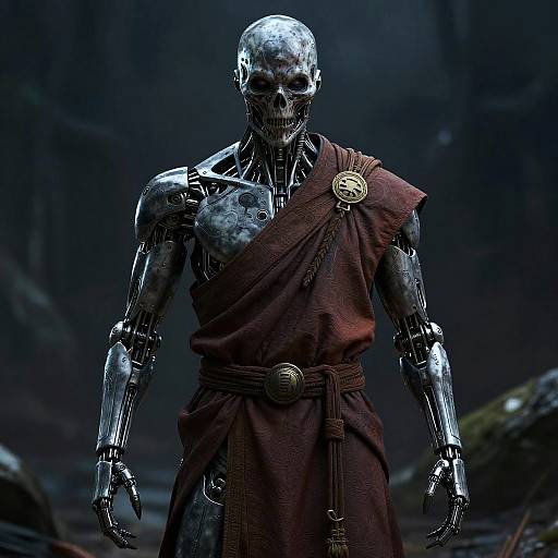 CGI image of a skeletal, metallic humanoid wearing a brown, single-shoulder toga with a circular brooch, standing in a dark,
