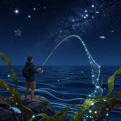 Digital artwork of a man fishing under a starry night sky, casting a glowing line over a dark ocean, surrounded by illuminated seaweed.