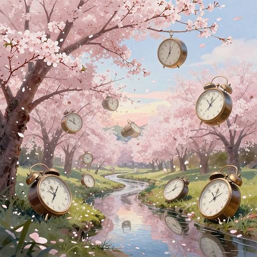 Digital artwork of floating vintage clocks amid cherry blossom trees, a reflective stream, and a sunny blue sky, with petals falling.