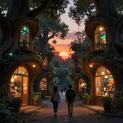 Bioluminescent Wooden Market at Sunset