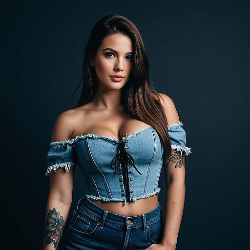 Woman in Denim Corset Crop Top with Tattoos