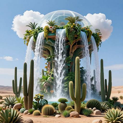 Digital artwork of a futuristic, dome-shaped oasis with cascading waterfalls, lush greenery, and cacti in a desert landscape under a bright