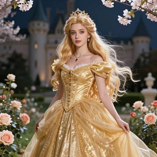 Photorealistic digital art of a blonde princess with golden crown, off-shoulder gold gown, standing amidst blooming roses, castle in night background