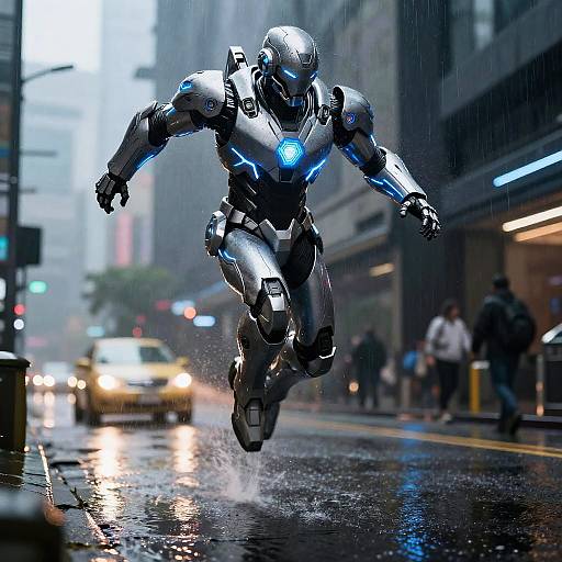 Photorealistic CGI of a glowing blue-eyed, silver-toned robotic man leaping through a rainy urban street, splashing water, with blurred yellow