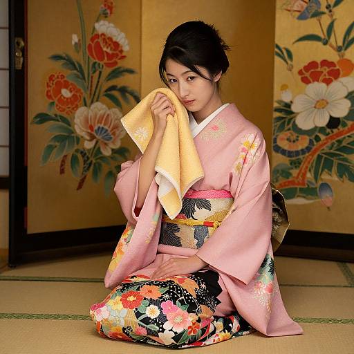 Photograph of an Asian woman with black hair in a pink floral kimono, holding a yellow towel, seated on tatami mat, against a golden