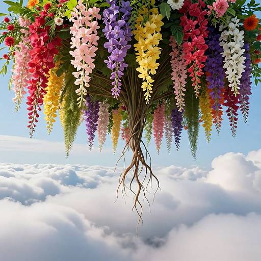Vibrant floral bouquet with red, yellow, purple, and white flowers hangs above a fluffy white cloud sky, digital art.