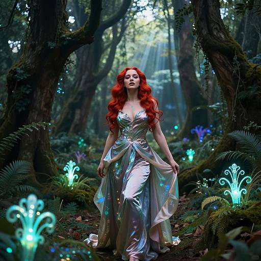 Digital artwork: Red-haired woman with flowing locks wears a silver, shimmering gown, standing in a magical forest illuminated by glowing blue flowers. Sunbe