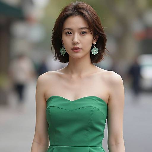 Photograph of an Asian woman with short black hair, wearing a strapless green dress and green floral earrings, standing on a blurred city street.