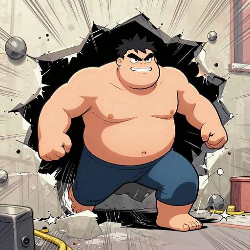 Digital anime-style drawing of a muscular, shirtless, chubby man with black hair bursting through a wall, wearing blue pants, surrounded by debris.