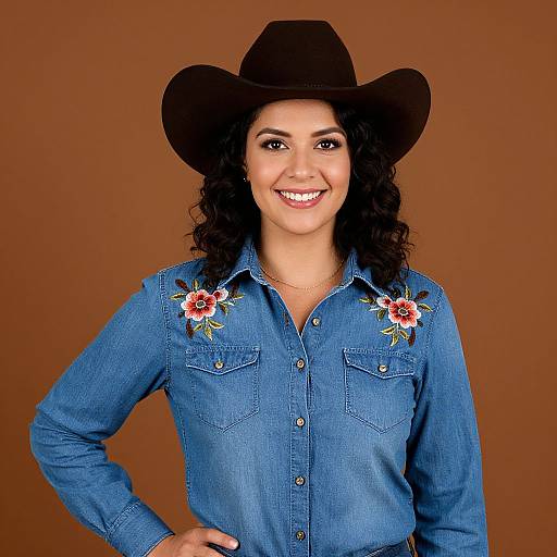 Photograph of a smiling woman with curly black hair, wearing a black cowboy hat and blue denim shirt with red flower embroidery, set against a brown background
