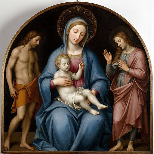 Renaissance painting of the Virgin Mary with baby Jesus, flanked by Saint John and a nude Saint Joseph, in a dark, arched frame