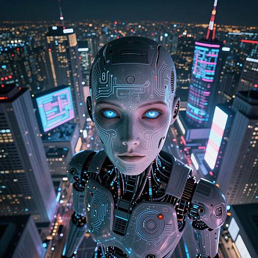 CGI image of a glowing blue-eyed, cybernetic woman with intricate circuitry on her face and torso, overlooking a neon-lit, futuristic