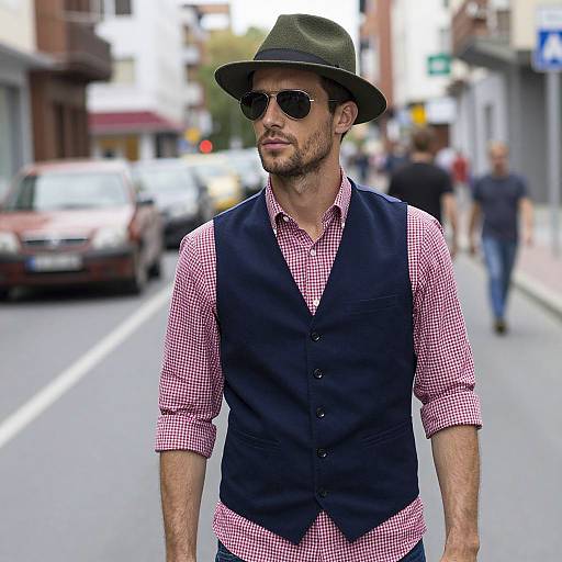 Stylish Man in Fedora and Vest on City Street