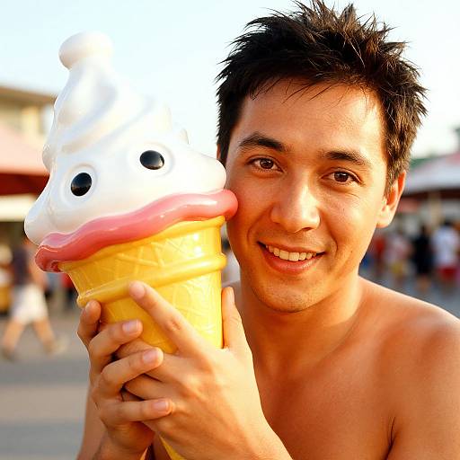 Photograph of a smiling, shirtless Asian man with short black hair holding a large ice cream cone with a white, face-shaped scoop and pink topping