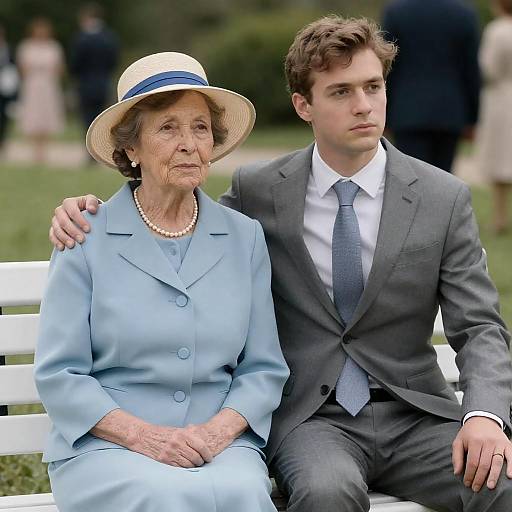 Elderly Woman and Young Man on Bench