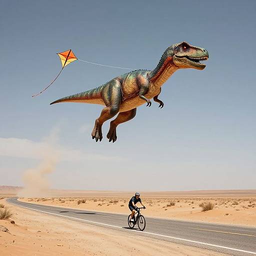 Photograph of a cyclist on a desert road with a flying, colorful, realistic dinosaur kite and clear blue sky.