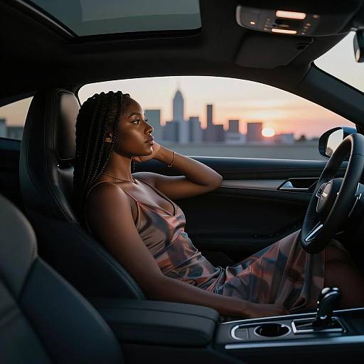 Elegant Woman in Sporty Coupe at Dusk