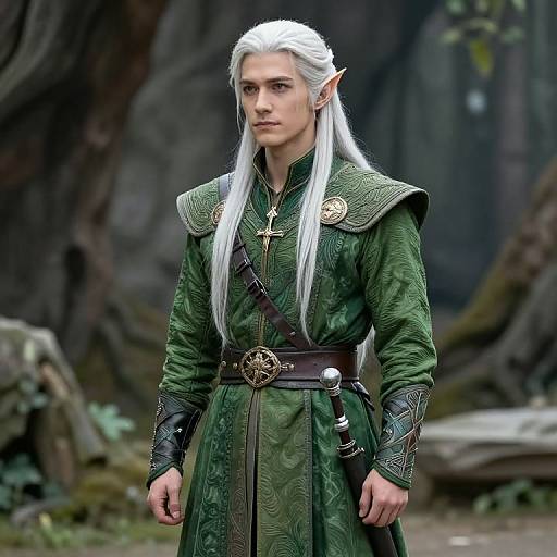 Digital artwork of an elf with white hair, pointed ears, green medieval-style robe, brown belt, and cross pendant, standing in a forest.