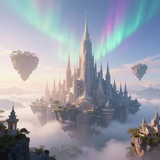 Digital fantasy artwork of a majestic, towering castle with spires and stained glass, floating amidst clouds, surrounded by floating islands and vibrant auroras.