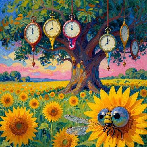 Whimsical digital painting of a sunflower field with a large tree hanging six clock faces, and a bug-eyed yellow fly on a sunflower.