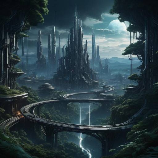 Futuristic City Skyline in Forested Valley Futuristic City Skyline in Forested Valley