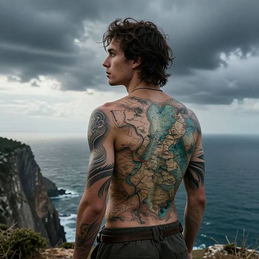 Photograph of a shirtless, tattooed man with curly hair standing on a cliff, overlooking a stormy ocean, with a detailed world map tattoo