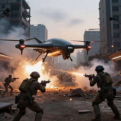 Photograph of soldiers in combat gear firing at a drone amidst an urban battlefield, with explosions and smoke in the background.