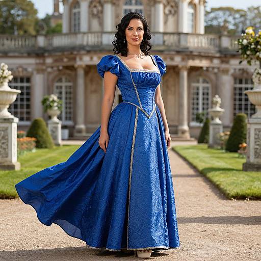 Photograph of a woman with dark curly hair in a blue, ornate, Victorian-style dress standing in a sunlit, elegant garden with a grand