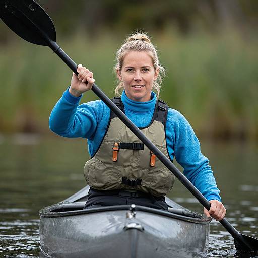 Photograph of a smiling blonde woman with ponytail, wearing blue sweater and green life jacket, paddling a gray kayak on calm water. Blurred