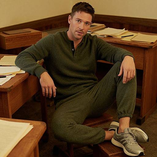 Photograph of a casually dressed, light-skinned man with short brown hair, sitting in a wooden classroom, wearing a dark green sweater and gray sneakers
