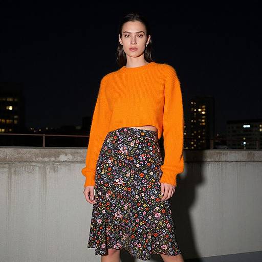 Photograph of a young woman with dark hair in an orange sweater and floral skirt, standing on a rooftop at night.