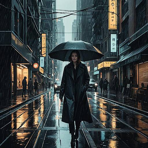 Neo-noir Woman Walking in Rainy City Street